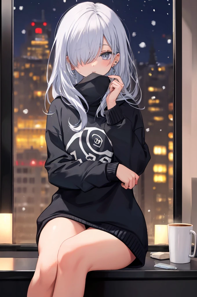 ((masterpiece:1.4, best quality:1.2)), 1girl, solo focus, beautiful skin, blush, white sweatshirt, long white hair, grey eyes, sitting, earrings, Hands on face, piercing, coffee shop window, night, snowing, cityscape, tall female, beautiful and delicate female, comfy ambience, {correct posing}, {detailed background}, I'm not wearing panties, hair over one eye, shy, Not wearing underwear