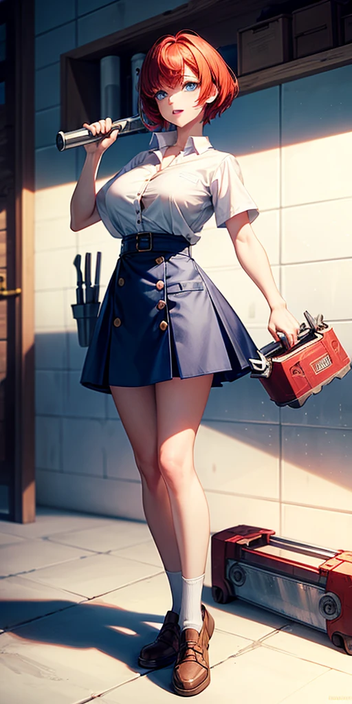 1girl, ((full body)), solo, white background, red hair, short hair, large breasts, button down shirt, ((white shirt)), blue eyes, blue skirt, laugh, looking right, standng, golden necklate, ((holding a hammer and a toolbox))