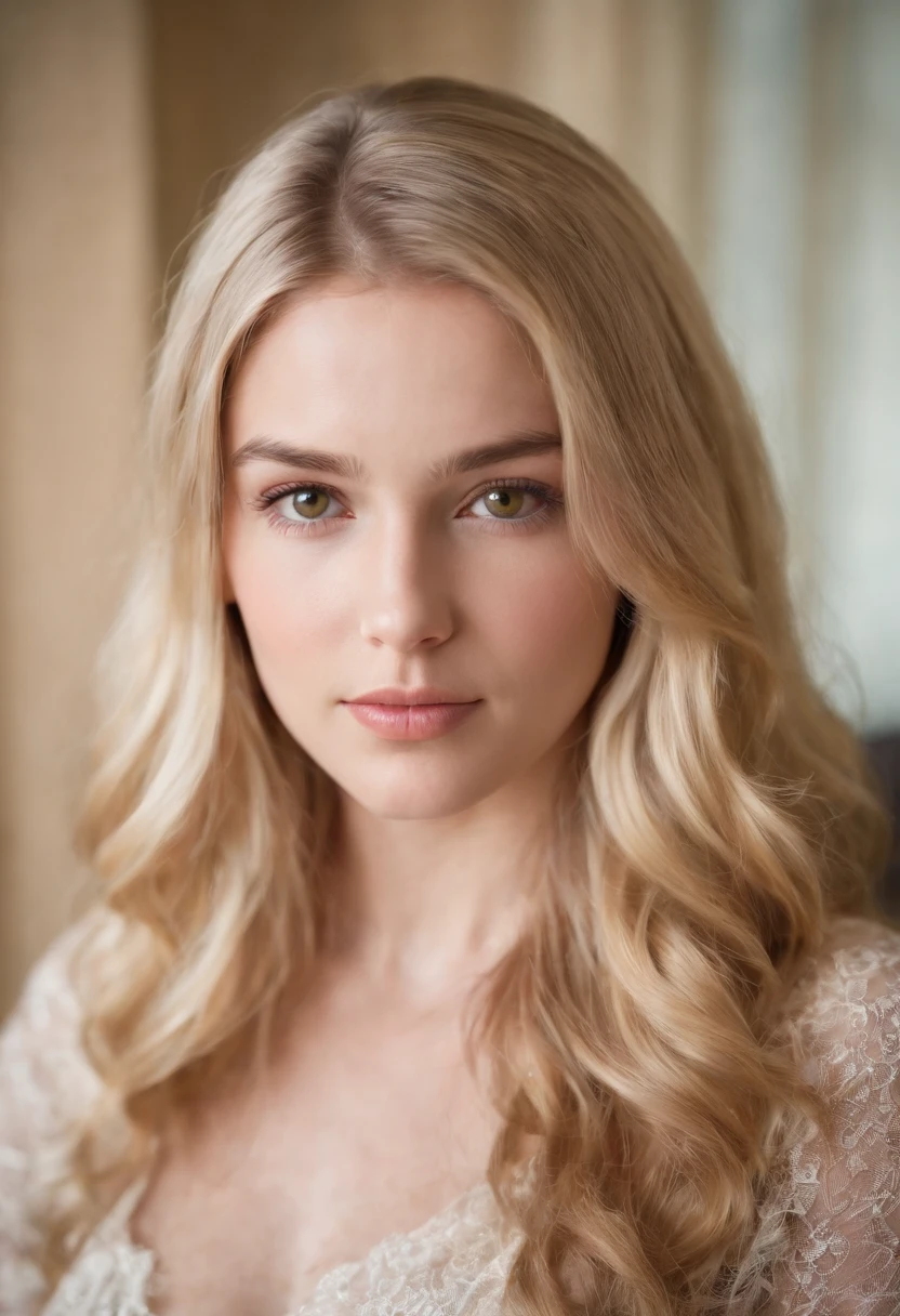 A photorealistic portrait of a 21-year-old american girl with long, flowing blond hair and brown eyes. She should have a natural, approachable expression. Capture this image with a high-resolution photograph using an 85mm lens for a flattering perspective, lying on a sofa