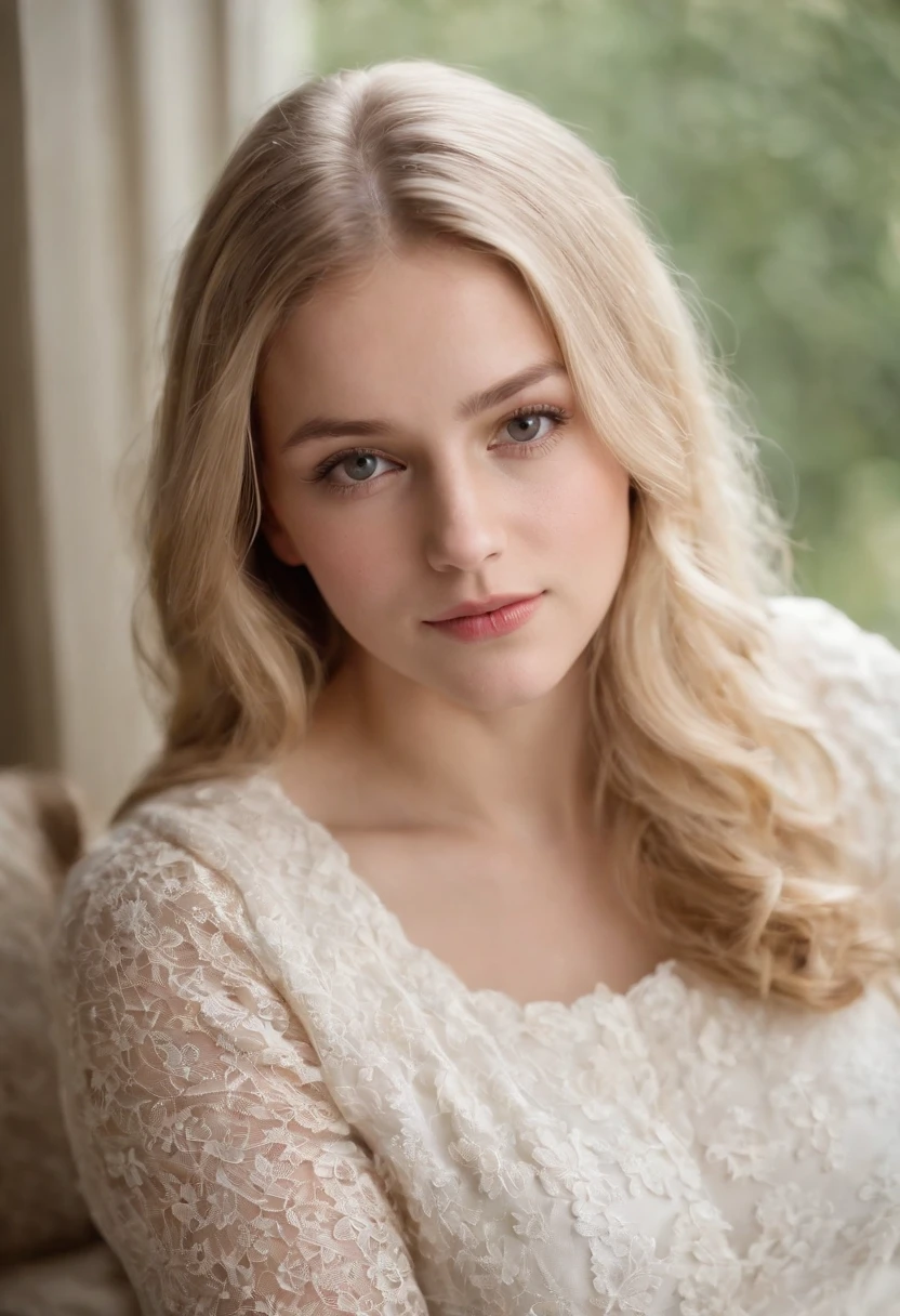 A photorealistic portrait of a 21-year-old american girl with long, flowing blond hair and brown eyes. She should have a natural, approachable expression. Capture this image with a high-resolution photograph using an 85mm lens for a flattering perspective, lying on a sofa