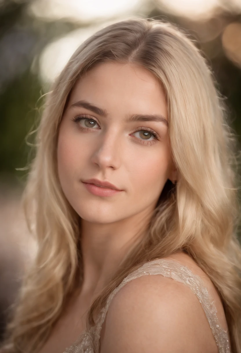 A photorealistic portrait of a 21-year-old american girl with long, flowing blond hair and brown eyes. She should have a natural, approachable expression. Capture this image with a high-resolution photograph using an 85mm lens for a flattering perspective, lying on a sofa