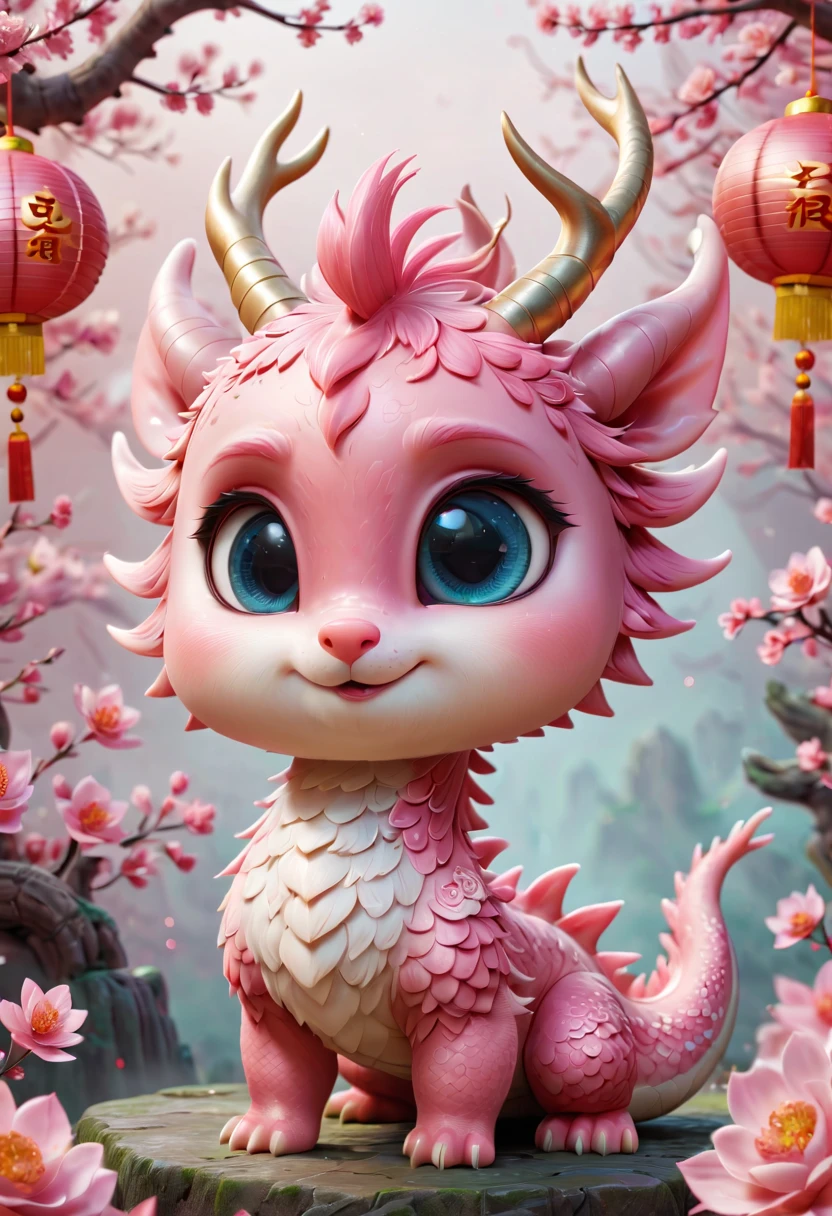 Q version,Cute little dragon,Chinese style,pink space,festive atmosphere,Spring Festival,Lovely antlers,Chinese elements,Cartoon,Cute pet,Lively