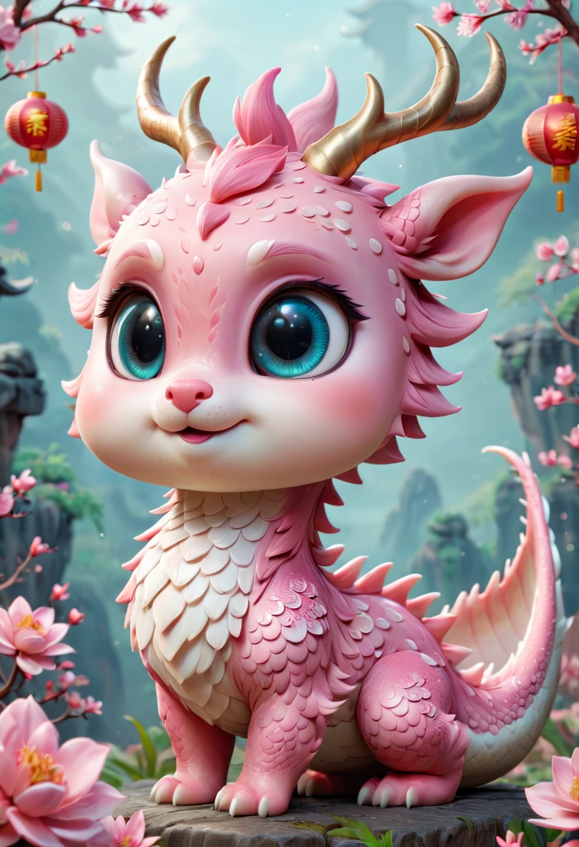 Q version,Cute little dragon,Chinese style,pink space,festive atmosphere,Spring Festival,Lovely antlers,Chinese elements,Cartoon,Cute pet,Lively