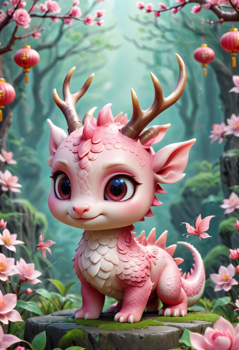 Q version,Cute little dragon,Chinese style,pink space,festive atmosphere,Spring Festival,Lovely antlers,Chinese elements,Cartoon,Cute pet,Lively
