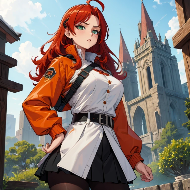 masterpiece, best quality, highres, aaritsuka, long red hair, ahoge, hair scrunchie, orange scrunchie, large breasts, white jacket, harness, long sleeves, belt, black skirt, very tight miniskirt, black pantyhose, standing, cowboy shot, outdoors, big green eyes
