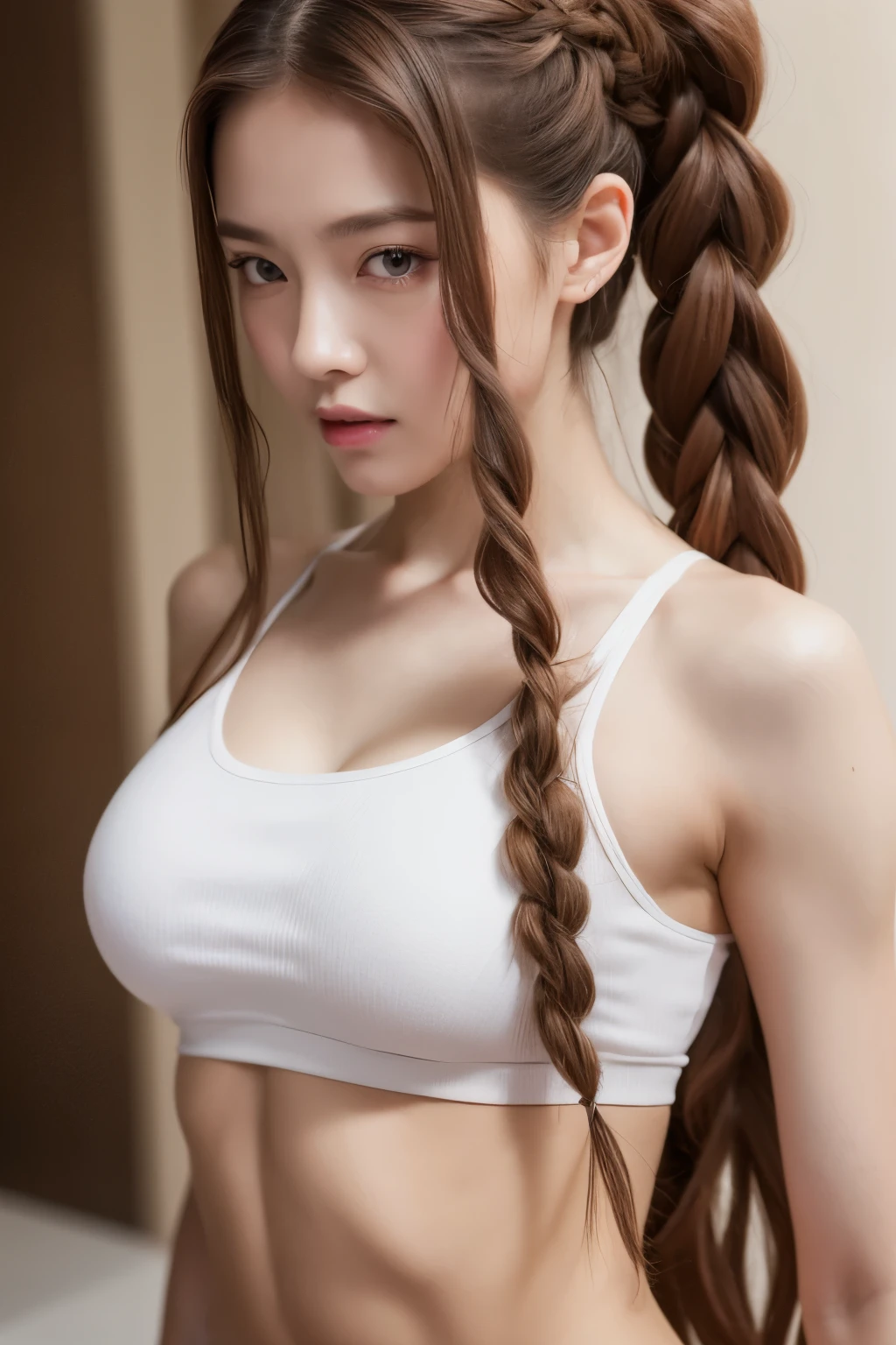 best quality, 32k, RAW photo, incredibly absurdres, extremely detailed, delicate texture, beautiful lady, amorous and lewd expression, wearing crop top, sweat pants, perfect body line, abs, glossy light brown side braided hair