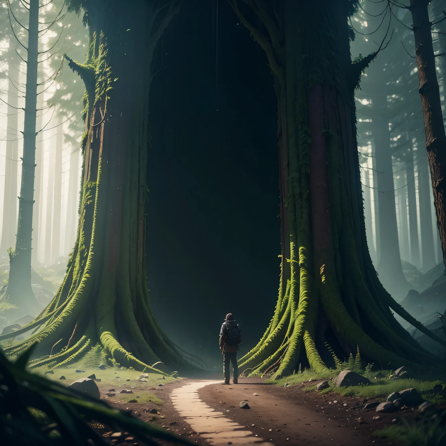 "The story begins with the desperation of a traveler lost in the depths of a dark forest. "hyperrealstic,cinematic,8k  