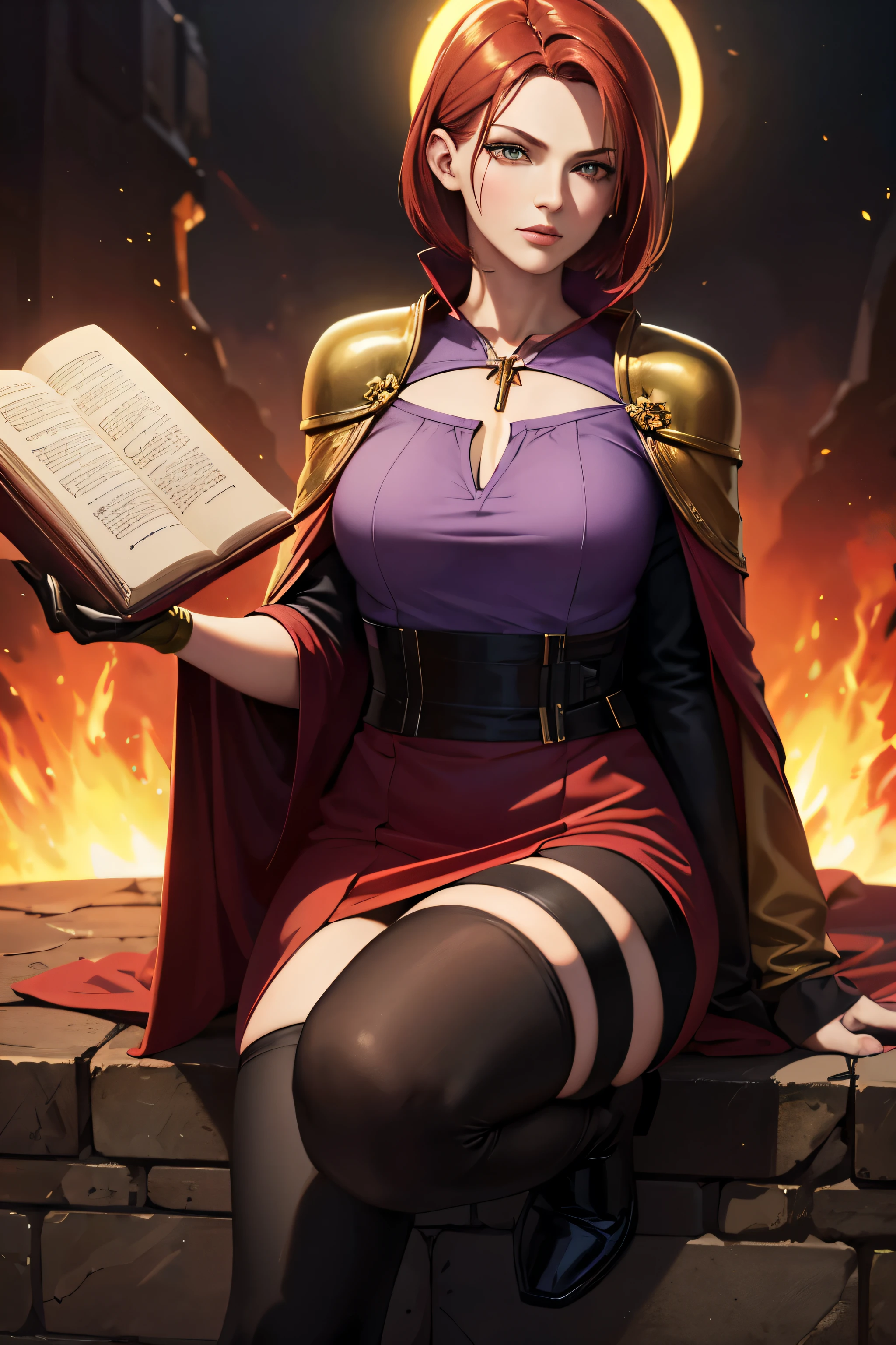 (Best quality,a high resolution),(Realistic:1.37)Aasimar with fiery red hair, bob haircut, reaching right eye, golden eyes, flowy purple coat with green blouse, golden halo above head, holding a book of spells in his left hand, full body figure, black boots, in a dark fantasy atmosphere