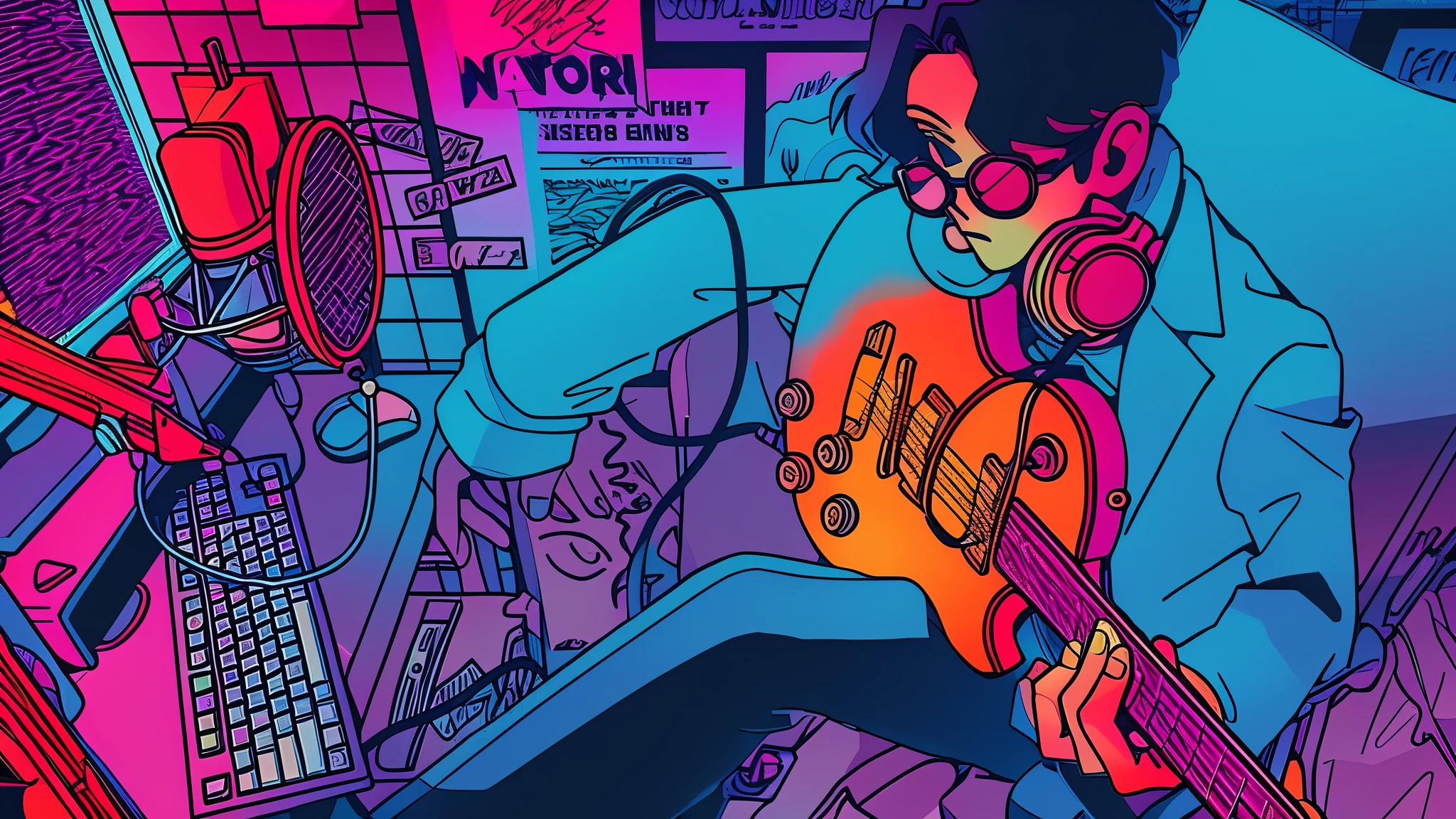 cartoon of a man with a guitar and a microphone in a room, 8 0 s anime vibe, [ synthwave art style ]!! ]!!, lofi artstyle, vaporwave cartoon, synthwave art style ]!!, album art, synthwave art style, [ synthwave art style ]!!, synthwave art, lo-fi illustration style, lofi art