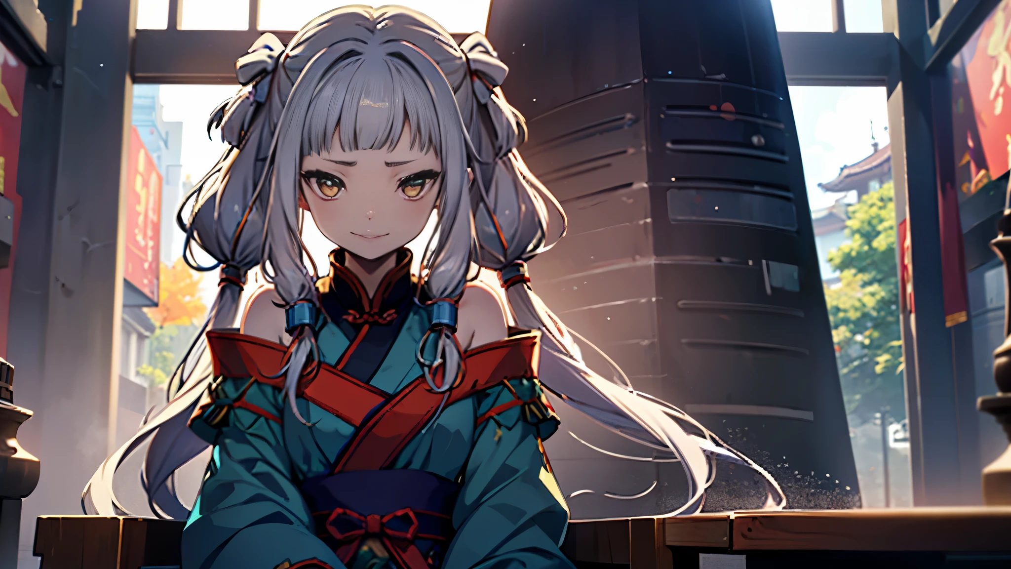 A young China girl , happily Smile , Chinese clothes, hanfu, blue dress, bare shoulders, detached collar, detached sleeves, long sleeves, puffy sleeves, Twintail, ahoge, yellow_eyes, Sitting in the throne , Chinese Palace, Sakura Fall, Leaf Fall, Autumn Season, ((Best quality)), ((masterpiece)), 3D, HDR (High Dynamic Range),Ray Tracing, NVIDIA RTX, Super-Resolution, Unreal 5,Subsurface scattering, PBR Texturing, Post-processing, Anisotropic Filtering, Depth-of-field, Maximum clarity and sharpness, Multi-layered textures, Albedo and Specular maps, Surface shading, Accurate simulation of light-material interaction, Perfect proportions, Octane Render, Two-tone lighting, Wide aperture, Low ISO, White balance, Rule of thirds,8K RAW, Aura, masterpiece, best quality, Mysterious expression, magical effects like sparkles or energy, flowing robes or enchanting attire, mechanic creatures or mystical background, rim lighting, side lighting, cinematic light, ultra high res, 8k uhd, film grain, best shadow, delicate, RAW, light particles, detailed skin texture, detailed cloth texture, beautiful face, (masterpiece), best quality, expressive eyes, perfect face,nikkeredhood,hair over one eye,marian,Scarlet (nikke),hellsparadise style,fuyumi