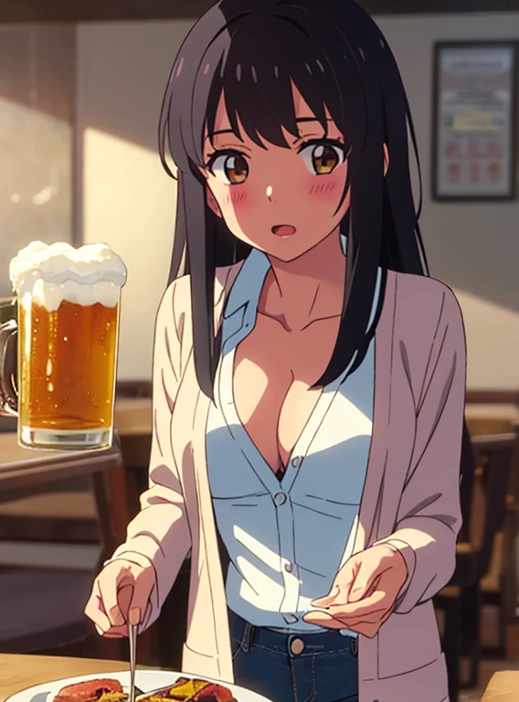 shinkai makoto, kimi no na wa., 1girl, bangs, black hair, brown eyes, open mouth :), blush, twisted half up, red ribbon, long hair, long sleeve light yellow cardigan, open shirt, white shirt, cleavage, breast, medium breast, blue pants, drinking party,nomikai, people in background, table, food drinks, beer, indoors, masterpiece, perfect anatomy, cowboyshot, 1boy POV viewer, holding girl's hand