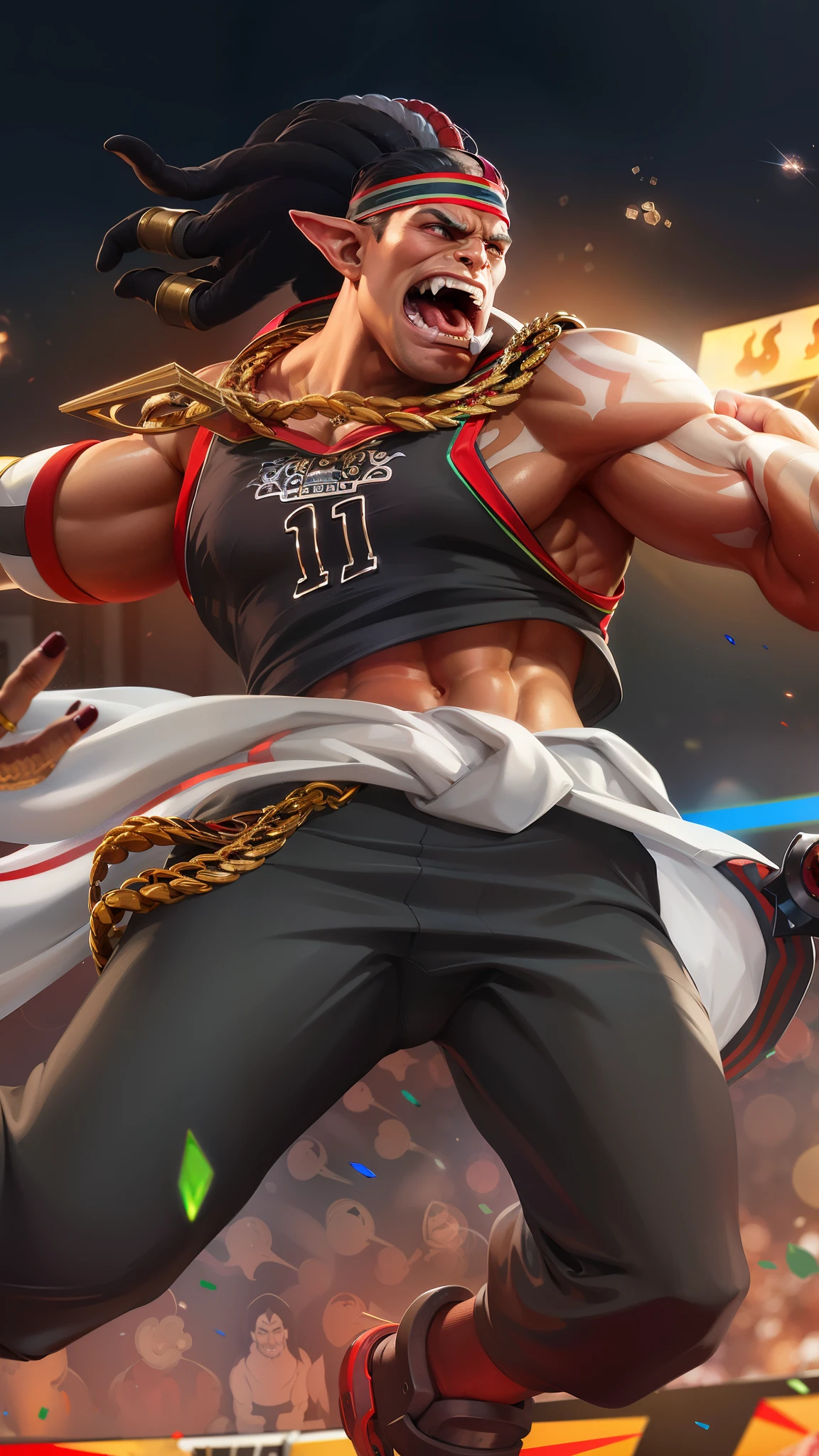 The image is a digital artwork of a muscular, tattooed man, wearing a black tank top with the number 11 and the words \"MORI\" on it, as well as a gold chain around his neck with a 4k hd image