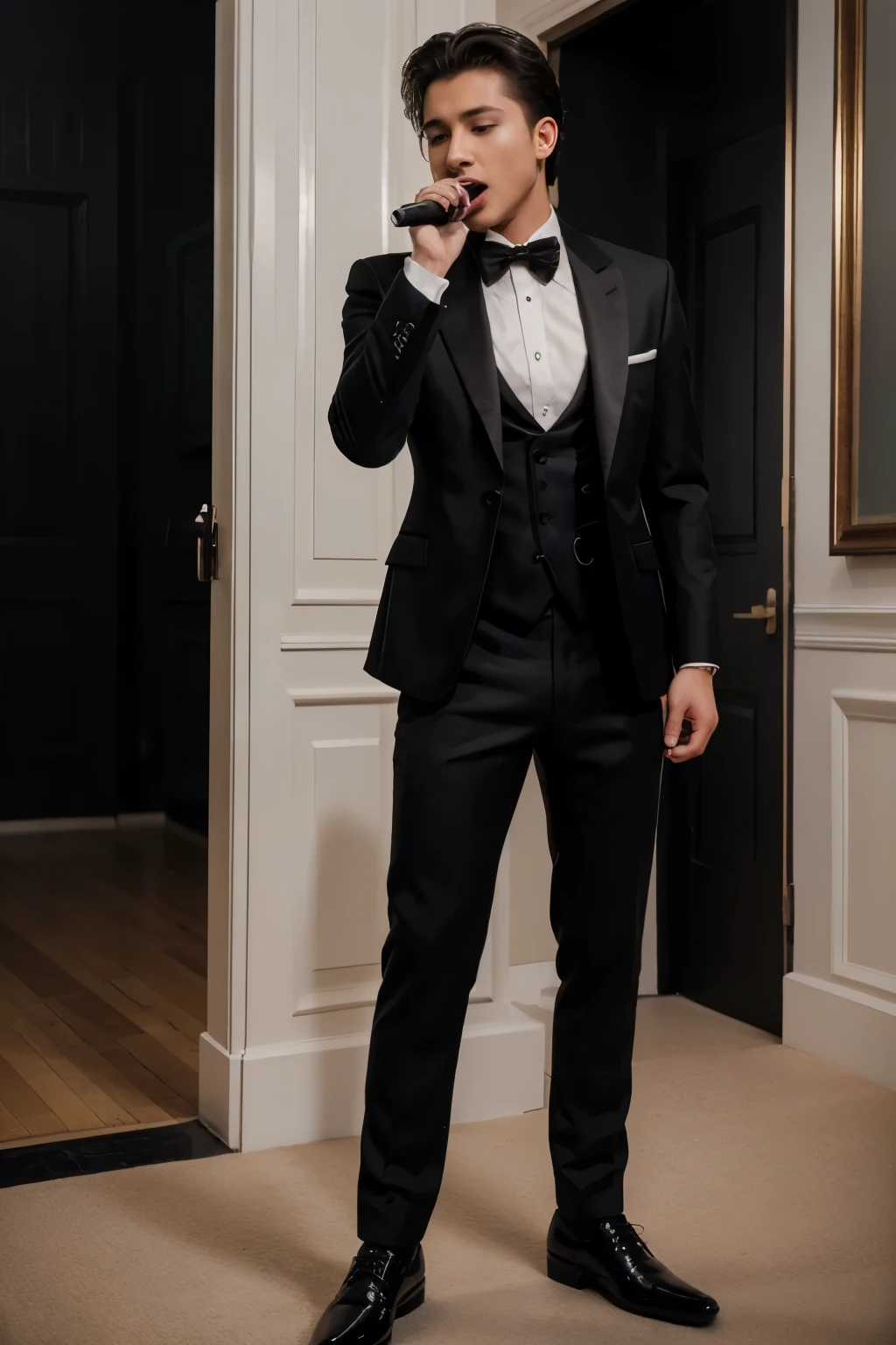 best quality, masterpiece, realistic photo, intricate details, raw photo, ultra detailed, young man singing, with tuxedo, HD quality, 8K, 20 years old,full body from head to toe, black shoes