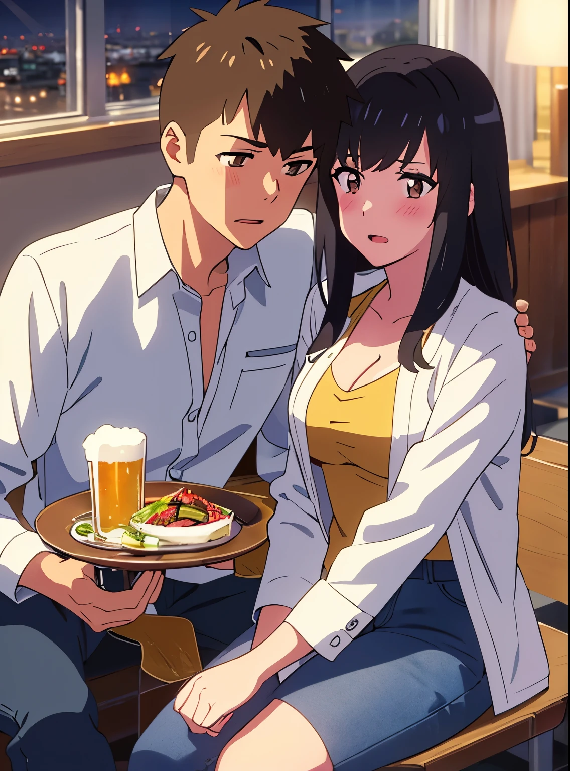 shinkai makoto, kimi no na wa., 1boy, buzzcut, office attire, boy's arms placed over girl's shoulder, drunk, boy sit beside girl, boy caressing girl's body, 1girl, bangs, black hair, brown eyes, open mouth, blush, twisted half up, red ribbon, long hair, long sleeve light yellow cardigan, open shirt, white shirt, cleavage, breast, medium breast, blue pants, drinking party,nomikai, table, food drinks, beer, indoors, night, masterpiece, perfect anatomy, cowboyshot,