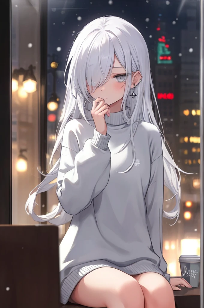 ((masterpiece:1.4, best quality:1.2)), 1girl, solo focus, beautiful skin, blush, white sweatshirt, long white hair, grey eyes, sitting, earrings, Hands on face, piercing, coffee shop window, night, snowing, cityscape, tall female, beautiful and delicate female, comfy ambience, {correct posing}, {detailed background}, I'm not wearing panties, hair over one eye, shy, Not wearing underwear, sexy