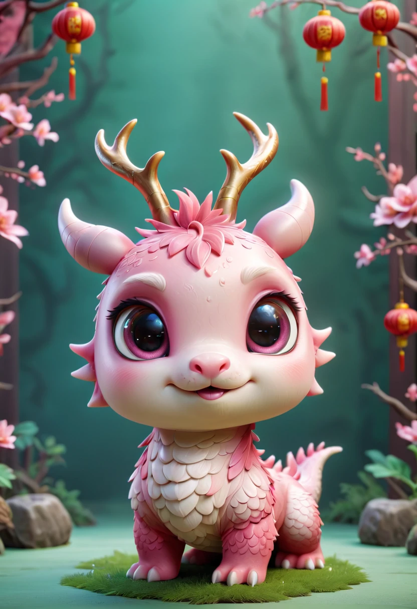 Q version，Cute little dragon，Chinese style，pink space，festive atmosphere，Spring Festival，Lovely antlers，Chinese elements，Cartoon，Cute pet，Lively