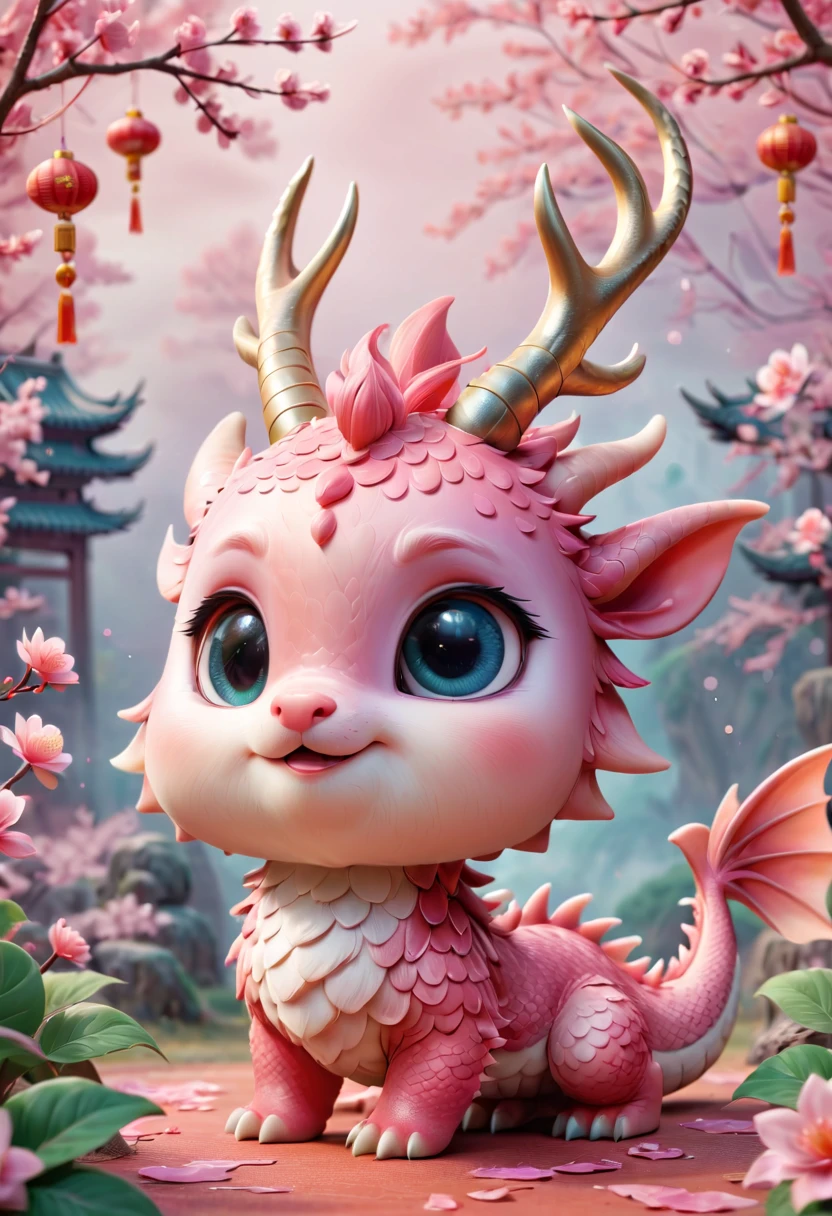 Q version，Cute little dragon，Chinese style，pink space，festive atmosphere，Spring Festival，Lovely antlers，Chinese elements，Cartoon，Cute pet，Lively