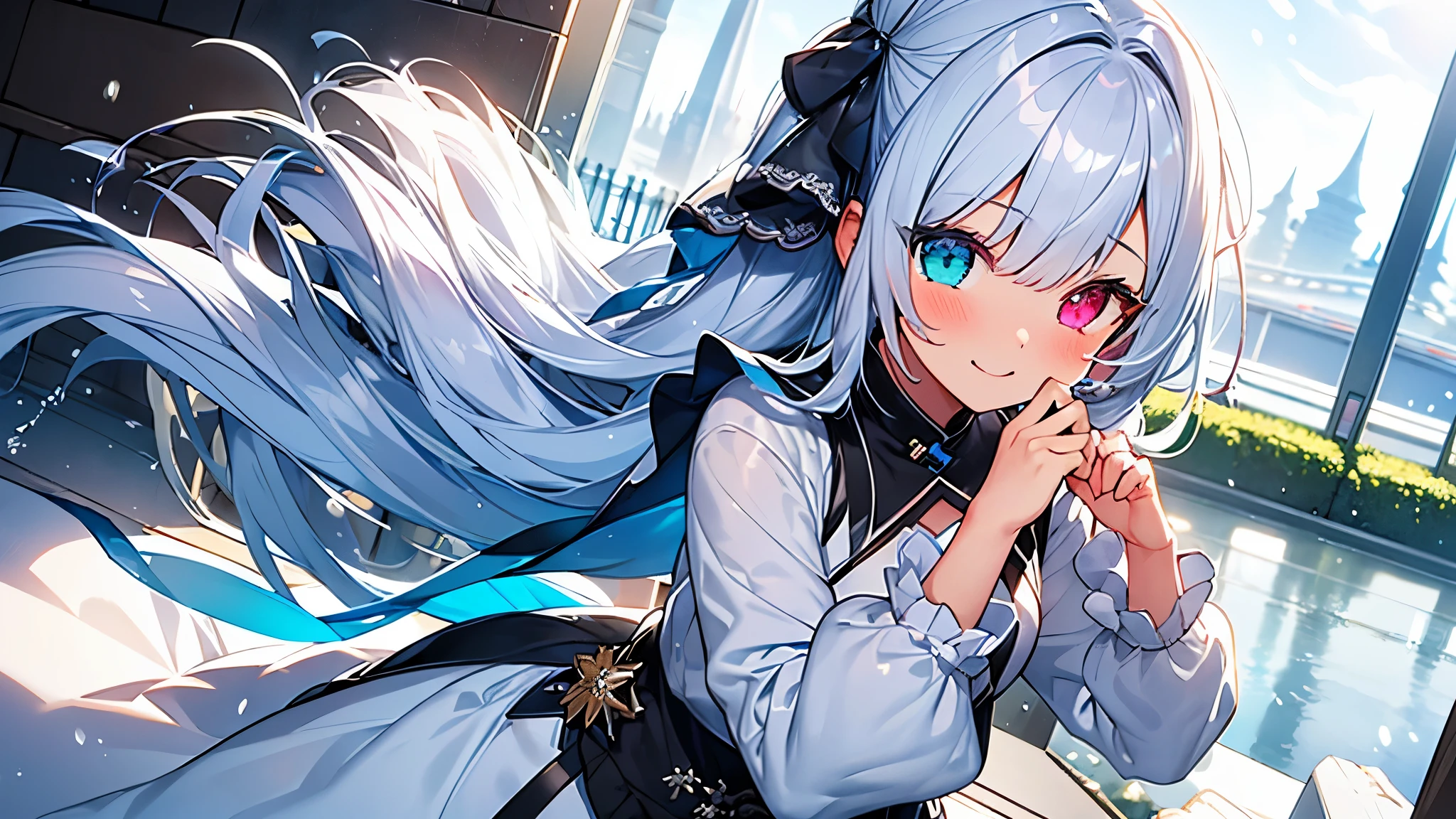 highest quality、photorealistic、super detail、delicate、orderly、high detail、bluish silver ponytail、(droopy iris of heterochromia,glowing eyes:1.4)、、、big smile、slender、full body、blurred background、(1 girl:1.2)、game CG、dynamic angle、ambient occlusion、ambient light、raytraced reflections、glow、shining hair、A girl frolicking in the snow