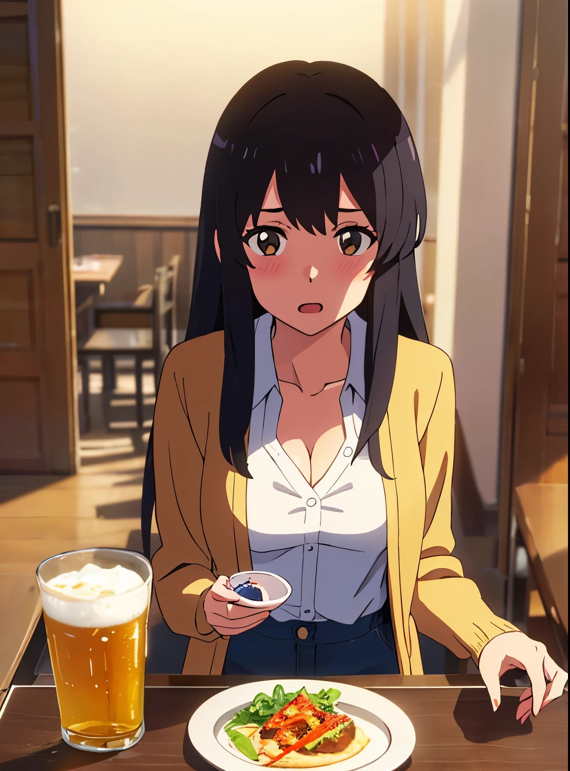 shinkai makoto, kimi no na wa., 1girl, bangs, black hair, brown eyes, open mouth :), blush, twisted half up, red ribbon, long hair, long sleeve light yellow cardigan, open shirt, white shirt, cleavage, breast, medium breast, blue pants, drinking party,nomikai, people in background, table, food drinks, beer, indoors, masterpiece, perfect anatomy, cowboyshot, 1boy POV viewer, holding girl's hand