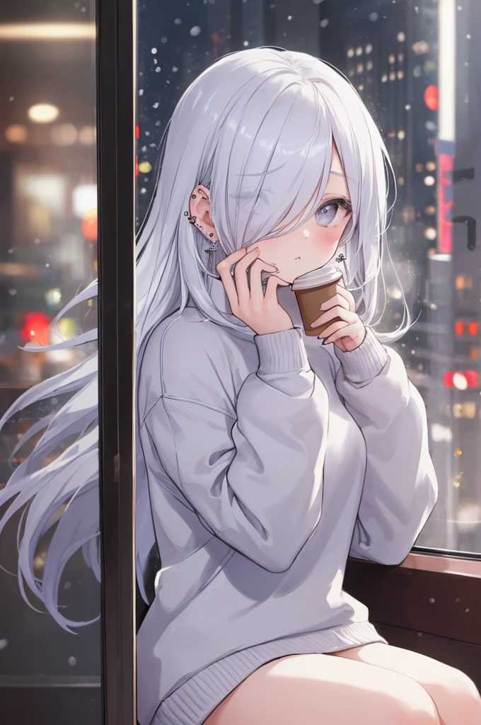 ((masterpiece:1.4, best quality:1.2)), 1girl, solo focus, beautiful skin, blush, white sweatshirt, long white hair, grey eyes, sitting, earrings, Hands on face, piercing, coffee shop window, night, snowing, cityscape, tall female, beautiful and delicate female, comfy ambience, {correct posing}, {detailed background}, I'm not wearing panties, hair over one eye, shy, Not wearing underwear, sexy