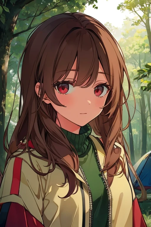 A brown haired woman with red eyes is camping in the forest