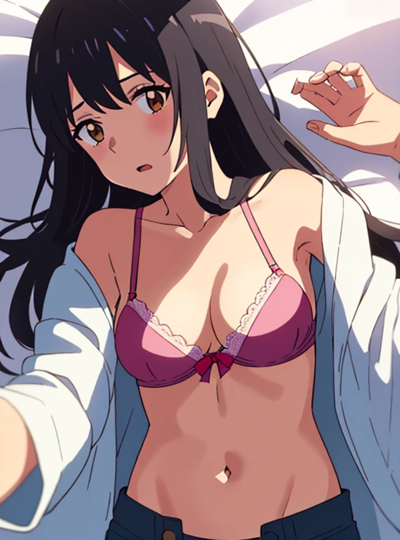 shinkai makoto, kimi no na wa., 1girl, bangs, black hair, brown eyes, worried eyes, open mouth, twisted half up, red ribbon, long hair, long sleeve light yellow cardigan, open shirt, white shirt, unbuttoned, medium breast, pink bra, navel, collarbone, blue pants, looking at the viewer, arms up, lying, lying on bedsheets, upper body, masterpiece, perfect anatomy, cowboyshot ,POV (POV naked boy's two hands grasping girl's bra POV)