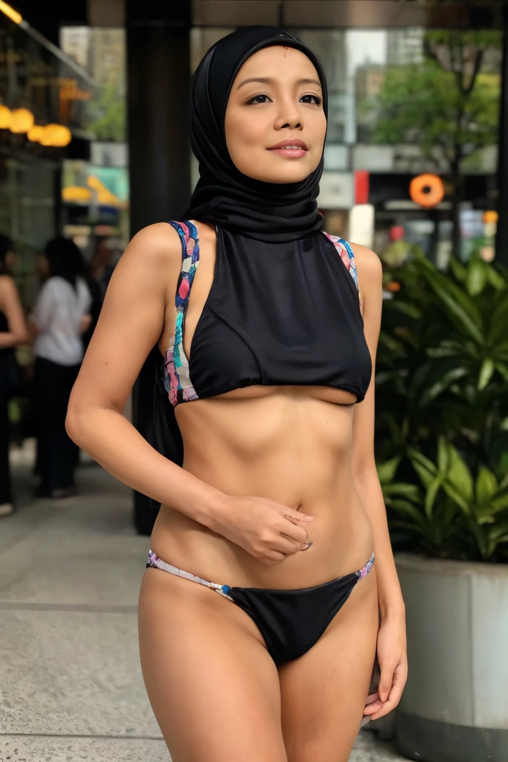 2 Malay matured women in hijab walking in a mall wearing bikini, closeup portrait photography, professional photography, high quality, detail, 4k