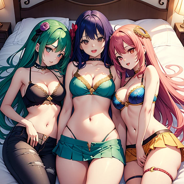 Harem、Three girls are depicted、colorful hair、beautiful girl、highest quality、laughter、Perfectly cropped face、masterpiece、High-definition images、cosplay、The belly button is visible、cleavage exposure、Thigh emphasis、pleated mini skirt、Rooms with beds、I can see my pants