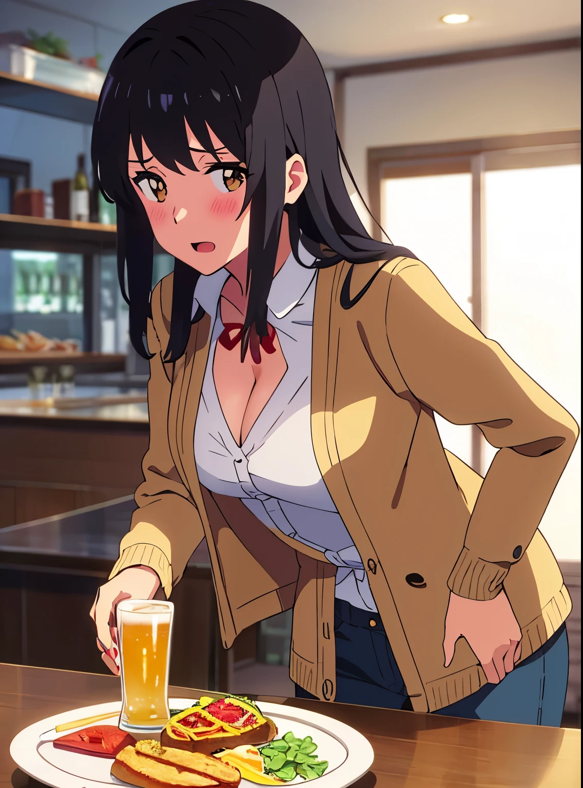 shinkai makoto, kimi no na wa., 1girl, bangs, black hair, brown eyes, open mouth :), blush, twisted half up, red ribbon, long hair, long sleeve light yellow cardigan, open shirt, white shirt, cleavage, breast, medium breast, blue pants, drinking party,nomikai, people in background, table, food drinks, beer, indoors, masterpiece, perfect anatomy, cowboyshot, 1boy POV viewer, holding girl's hand