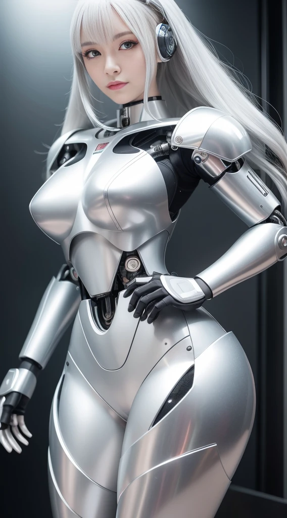 Close up of woman in silver suit posing for photo, Female robot, Beautiful girl cyborg, Girl in Mecha Cyber Armor, Cyborg - Girl, gynoid cyborg body, Beautiful white girl cyborg, Cyborg girl, Cute cyborg girl, ( ( Robot Cyborg ) ), perfect android girl, young lady cyborg, Female Cyborg