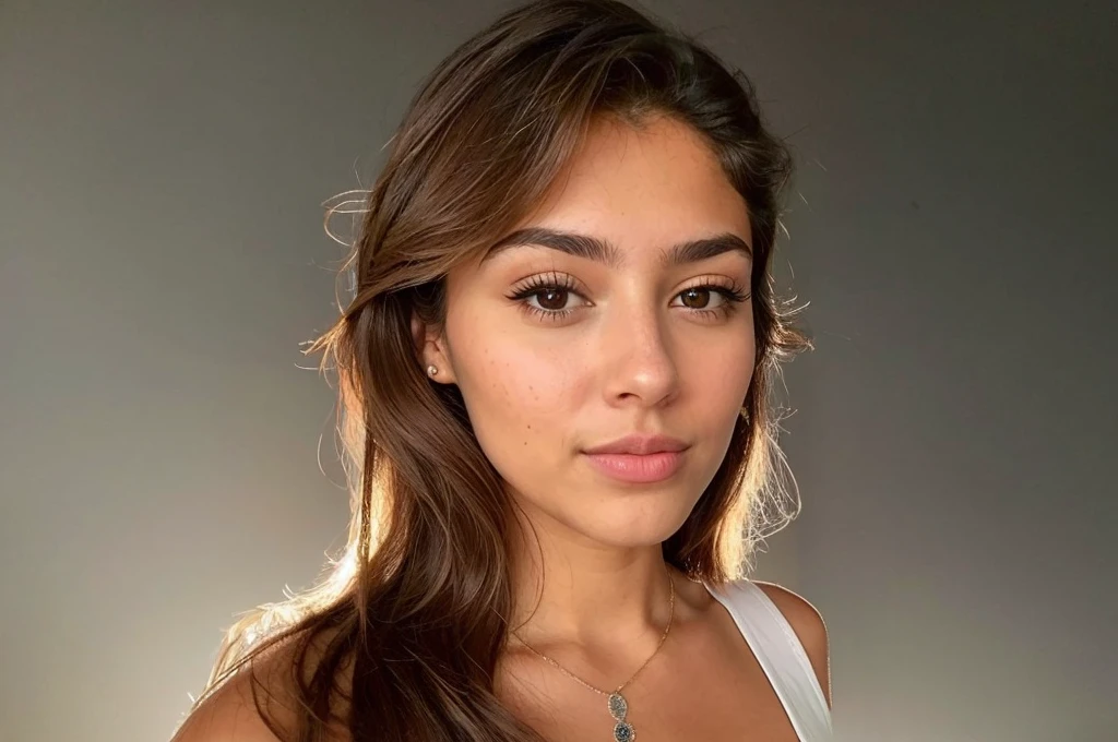 A 23-year-old woman, ((pechos grandes)), ((hiperrealismo)) ,. Brown hair with light brown roots. cabello rubio , Hair with brown roots, cabello extra largo, cabello muy largo, really long hair, Beautiful, Front view, selfie, photo taken with iPhone, elegant black shirt with escote, escotada, selfie in the garden, high quality, selfie iPhone, cleavage