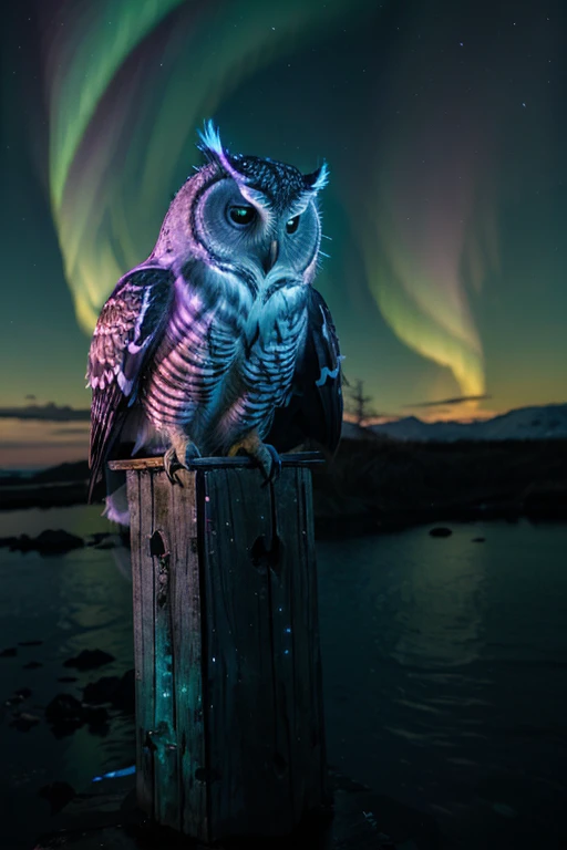 In a mesmerizing display of bioluminescent magic, A majestic owl sits atop a watchtower, Bathed in the ethereal glow of the Northern Lights.