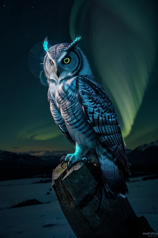 In a mesmerizing display of bioluminescent magic, A majestic owl sits atop a watchtower, Bathed in the ethereal glow of the Northern Lights.