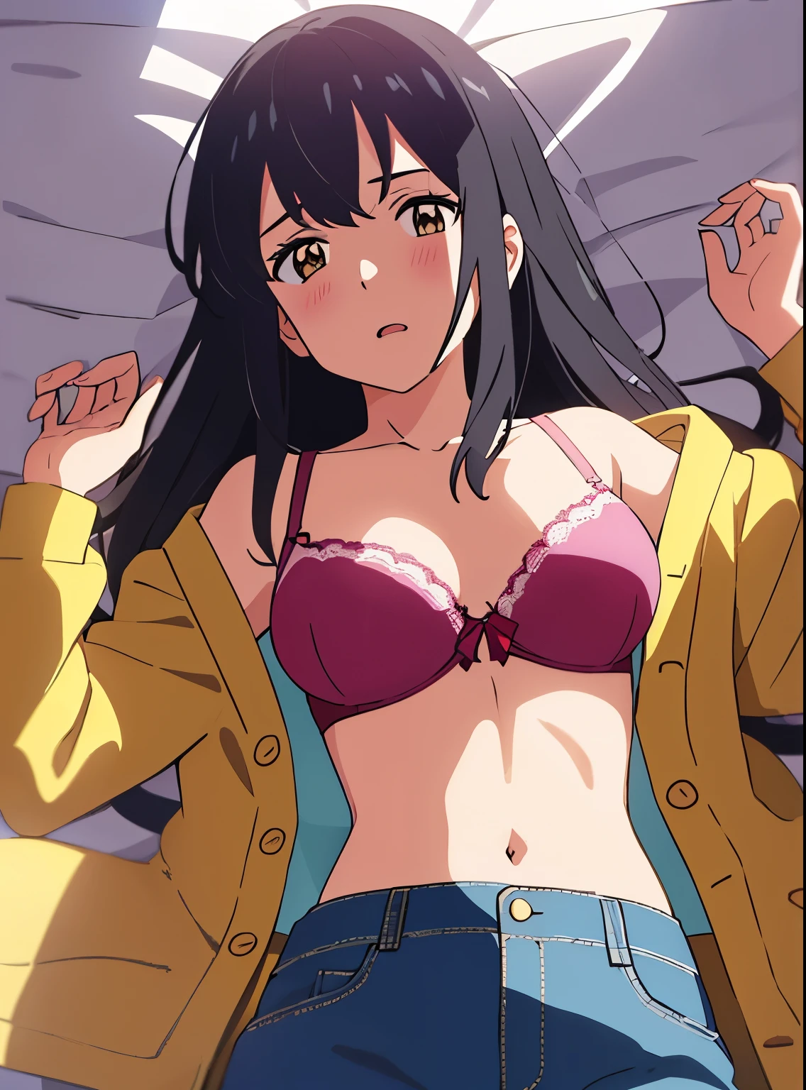 shinkai makoto, kimi no na wa., 1girl, bangs, black hair, brown eyes, worried eyes, open mouth, twisted half up, red ribbon, long hair, long sleeve light yellow cardigan, open shirt, white shirt, unbuttoned, medium breast, pink bra, navel, collarbone, blue pants, looking at the viewer, arms up, lying, lying on bedsheets, upper body, masterpiece, perfect anatomy, cowboyshot ,POV (POV naked boy's two hands grasping girl's bra POV)