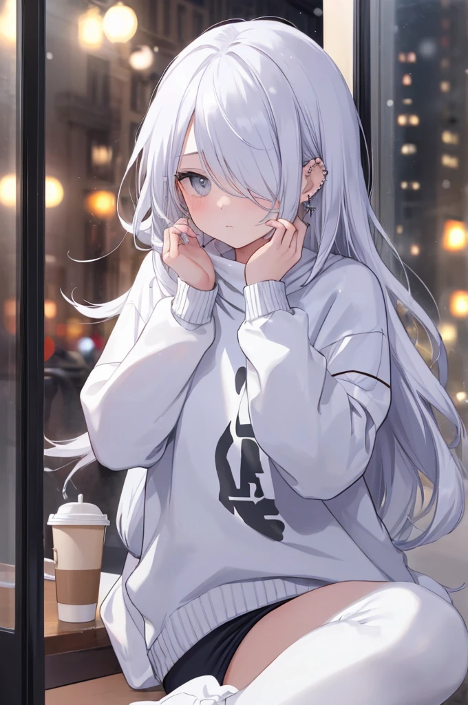 ((masterpiece:1.4, best quality:1.2)), 1girl, solo focus, beautiful skin, blush, white sweatshirt, long white hair, grey eyes, sitting, earrings, Hands on face, piercing, coffee shop window, night, snowing, cityscape, tall female, beautiful and delicate female, comfy ambience, {correct posing}, {detailed background}, I'm not wearing panties, hair over one eye, shy, Not wearing underwear, sexy