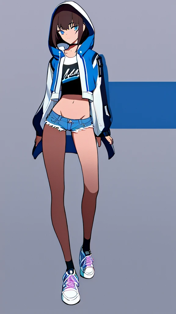 Masterpiece, Best Quality, extremly detailed, Cinematic lighting, intricate detials, hight resolution, official arts, finely detailed beautiful face and eyes, high-resolution illustration, 8K, dark intense shadows, 1girl, blue eyes, light brown hair, medium hair, blunt bangs, (inverted bob), short eyebrows, medium breast, bare belly, white short top, black stockings, violet bomber, bomber hood, long bomber arms, short denim blue shorts, pink sneakers, full body
