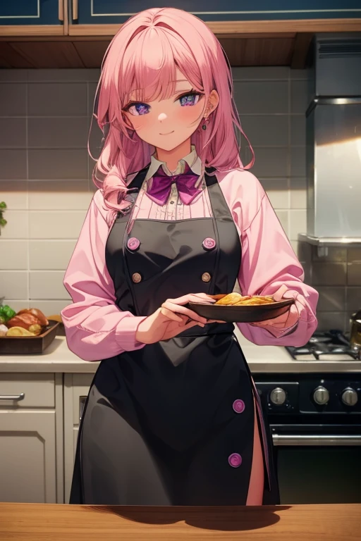 A pink haired woman with violet eyes and and hourglass figure is cooking in the kitchen with a smile in a Gothic dress