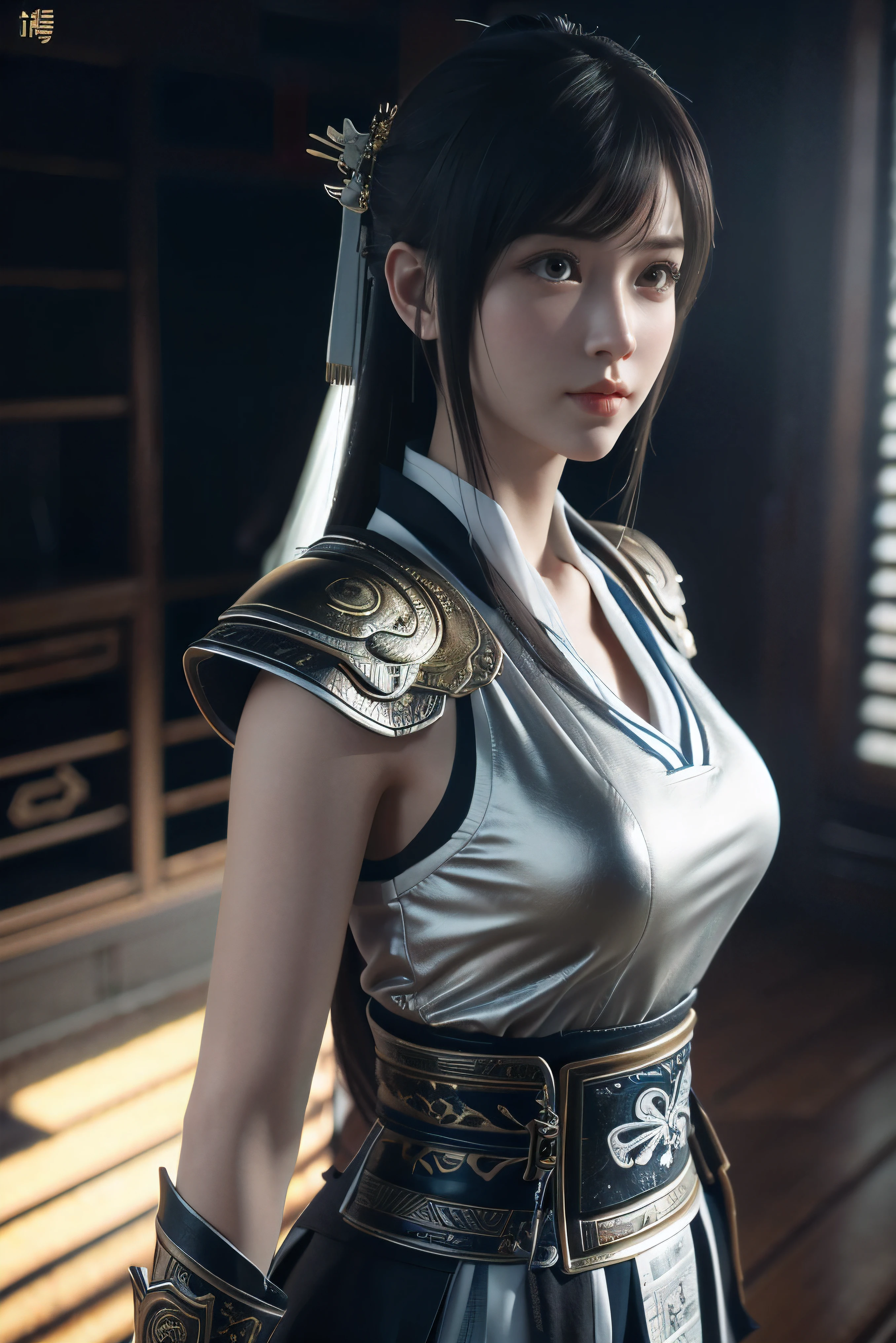 game art,best picture quality,highest resolution,8k,(A half-length photo),(portrait),(Head close-up),(rule of thirds),Unreal Engine 5 rendering works, (future girl),(female warrior),
-yeld gi(Ancient Chinese general),Eyes with rich details,(big breasts),Elegant and noble,indifferent,brave,
(Wearing ancient Chinese armor,Tang Dynasty armor,The costumes are rich in detail,Metallic luster,Silver gray),Chinese characters,fantasy style,
photo poses,Outdoor background,movie light,Ray tracing,Game CG,((3d unreal engine)),OC rendering reflection pattern
