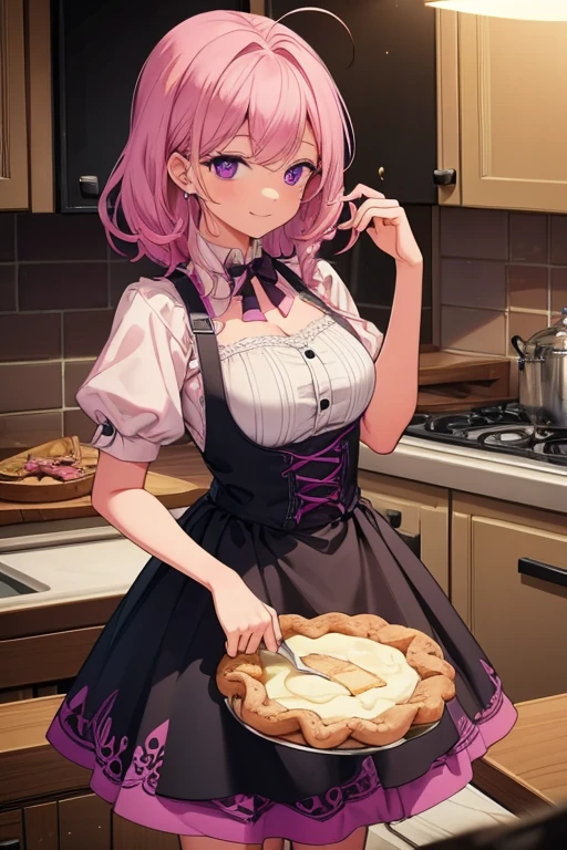 A pink haired woman with violet eyes and and hourglass figure is making a pie in the kitchen with a smile in a Gothic dress