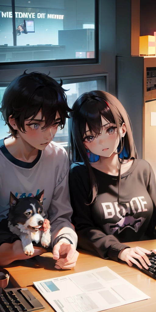 (((medium shot))), Pair, (Man and woman), Two people, Husky dog with them, girl with dark hair and dark eyes in a sweater with the inscription "barbie", a guy with brown hair and gray eyes with a yellow tint in a blue T-shirt, they sit comfortably at home and play Minecraft on their computers