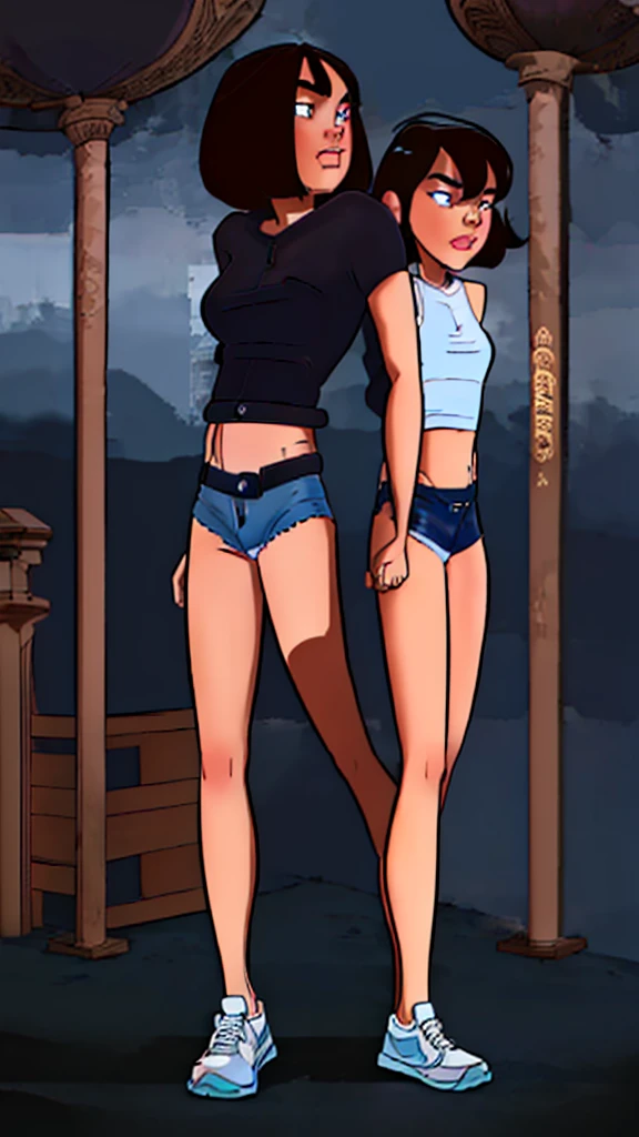 Masterpiece, Best Quality, extremly detailed, Cinematic lighting, intricate detials, hight resolution, official arts, finely detailed beautiful face and eyes, high-resolution illustration, 8K, dark intense shadows, 1girl, blue eyes, light brown hair, medium hair, blunt bangs, (inverted bob), short eyebrows, medium breast, bare belly, white short top, black stockings, violet bomber, bomber hood, long bomber arms, short denim blue shorts, pink sneakers, full body