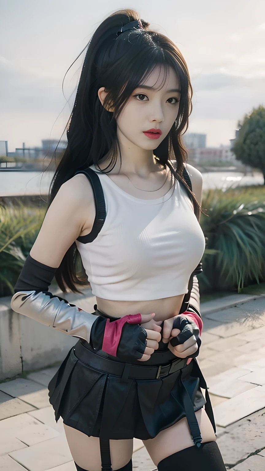 best quality, masterpiece, 1 girl, perfect beautiful face, (photo photo:1.3), edge lighting, photography lighting, (high detail skin:1.2), 8k ultra hd, DSLR, high quality, high resolution, white skin, detailed textured skin, half body in frame, sexy posing, poker face, perfect propotion face, symetric face, eye level shot, 4k, 8k, bokeh, absurd, best ratio four fingers and one thumb, (realistic:1.3), beautiful detailed girl, cute 1girl, dark brown hair, long hair, ponytail, bangs, volume hairs, collosal-breast, full looking breast, projecting breast, slim waist, slender, small thighs, perfectly proportion, gloves,fingerless gloves,breasts,suspenders,thighhighs,crop top,tank top,skirt,black thighhighs,suspender skirt,black skirt,earrings,jewelry,midriff,white tank top,black gloves, boots,underwear,panties,miniskirt,belt,underboob,white panties, outdoor public event background, detailed background, trees, clouds