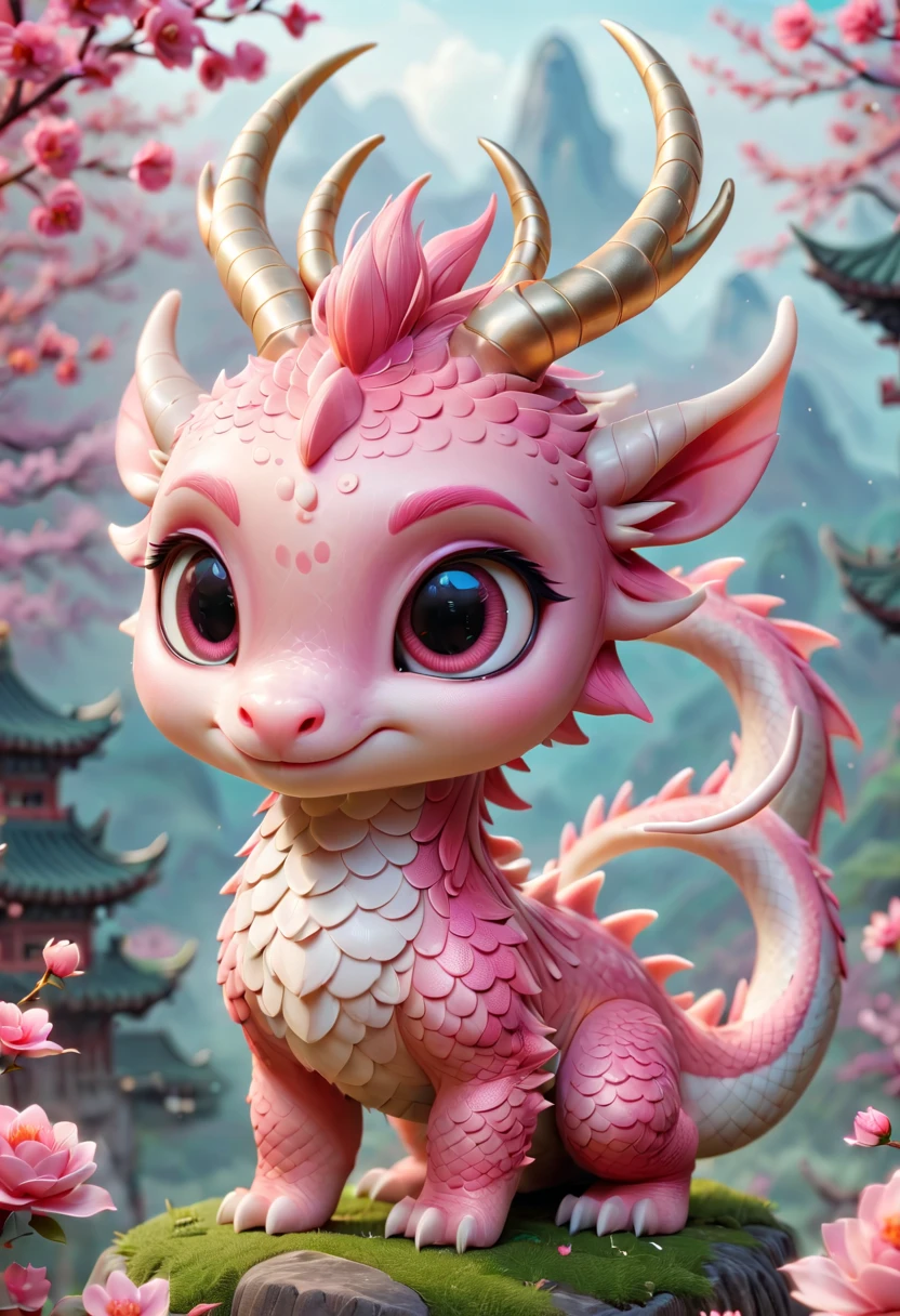 Q version,Cute little dragon,Chinese dragon,pink space,festive atmosphere,Spring Festival,Lovely antlers,Chinese elements,Cartoon,Cute pet,Lively