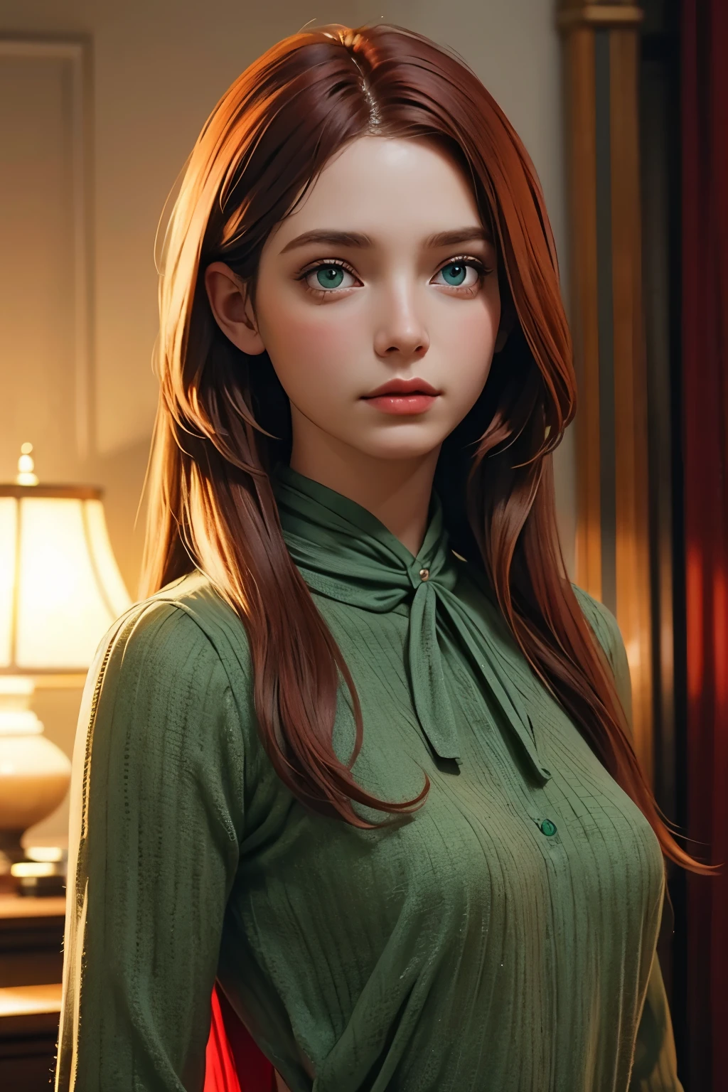 red middle length hair beautiful woman with green eyes in fine clothes