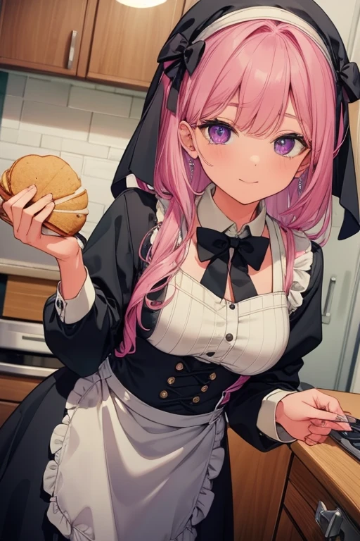A pink haired woman with violet eyes and and hourglass figure is baking cookies  in the kitchen with a smile in a Gothic dress
