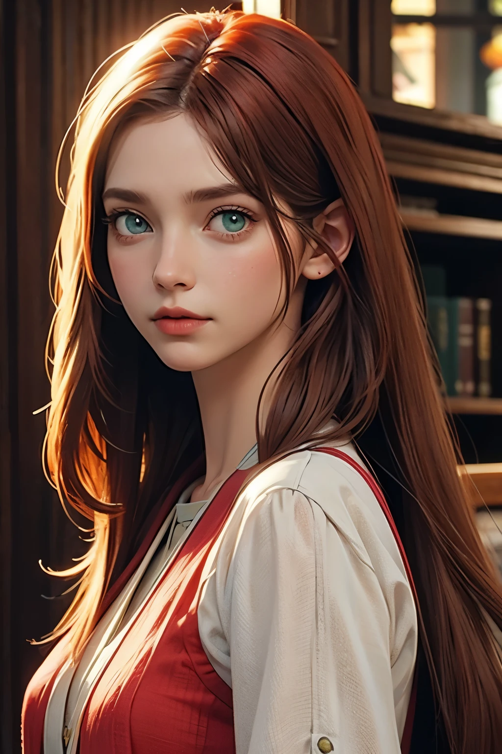 red middle length hair beautiful woman with green eyes in fine clothes