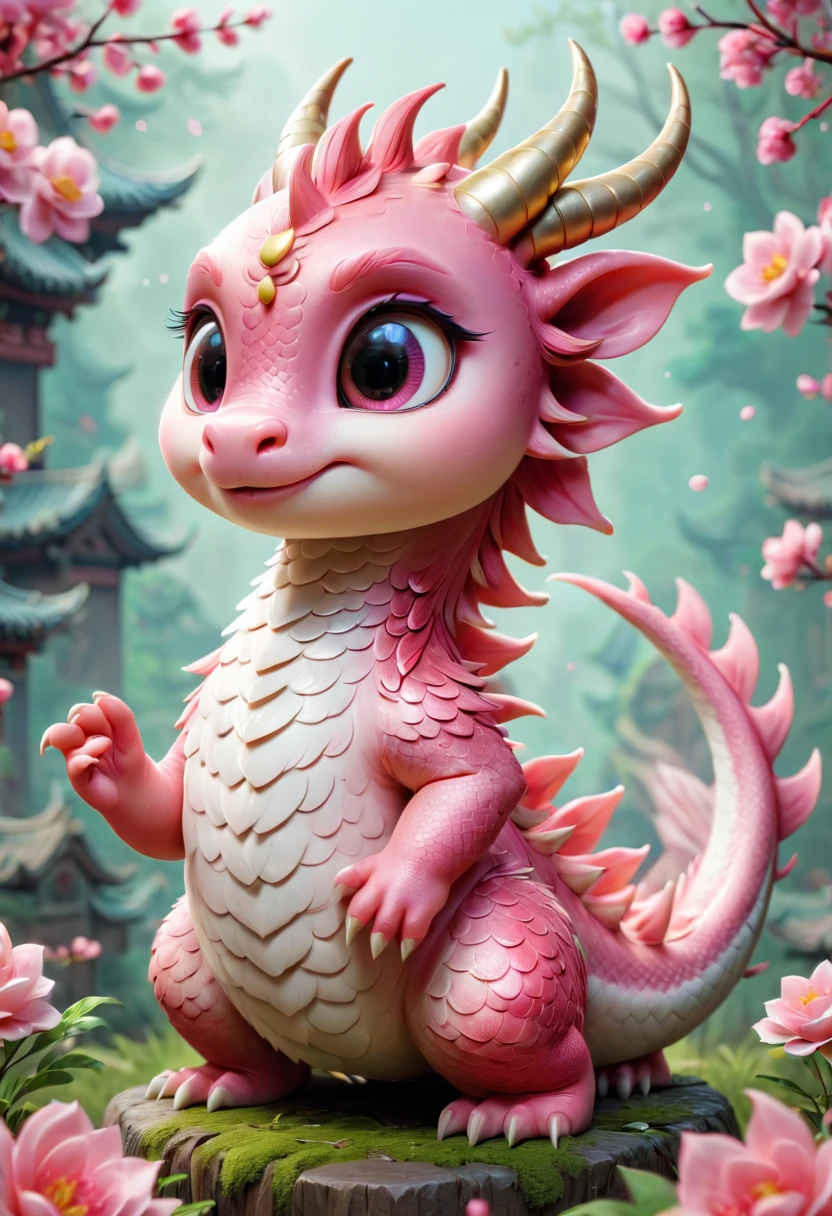 Chinese dragon，Q version，Cute little dragon，pink space，festive atmosphere，Spring Festival，Lovely antlers，Chinese elements，Cartoon，Cute pet，Lively