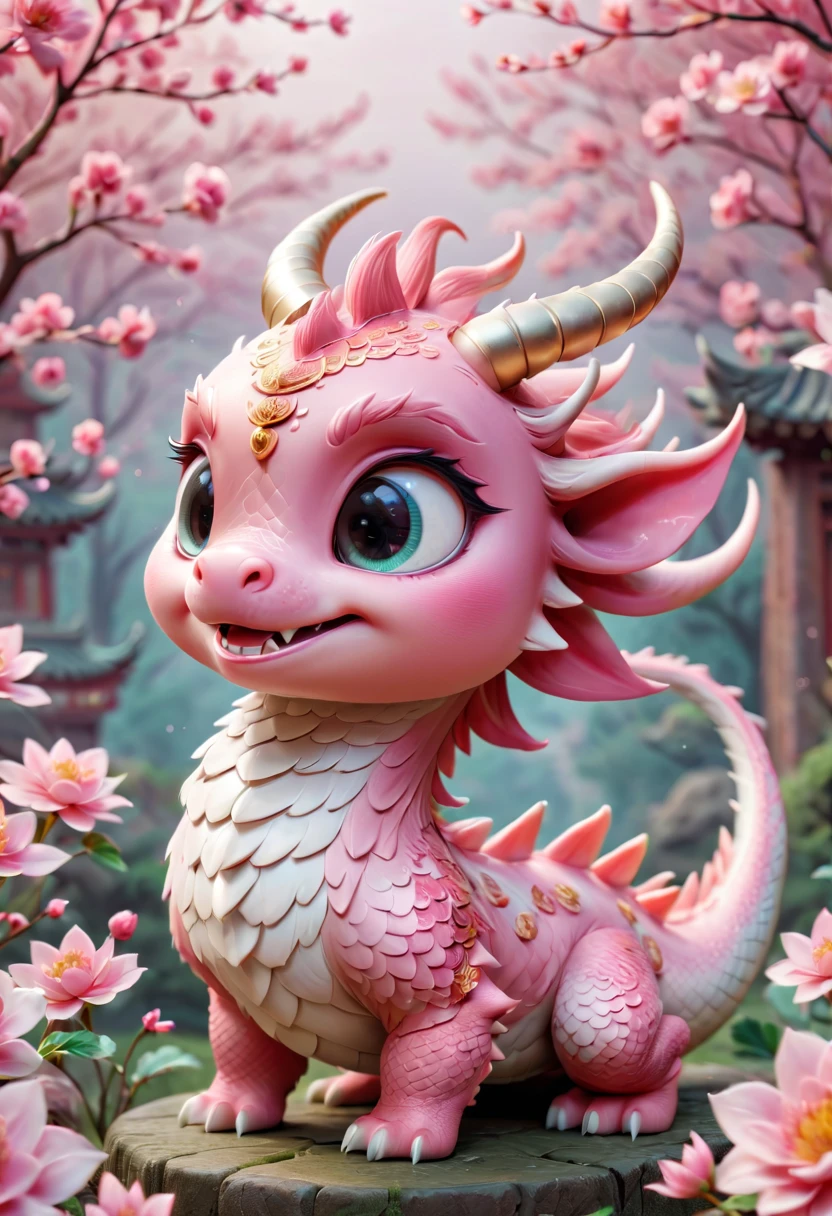 Chinese dragon,Q version,Cute little dragon,pink space,festive atmosphere,Spring Festival,Lovely antlers,Chinese elements,Cartoon,Cute pet,Lively
