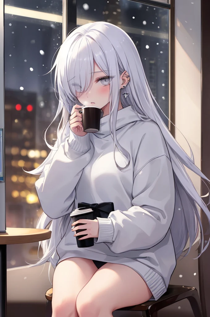 ((masterpiece:1.4, best quality:1.2)), 1girl, solo focus, beautiful skin, blush, white sweatshirt, long white hair, grey eyes, sitting, earrings, Hands on face, piercing, coffee shop window, night, snowing, cityscape, tall female, beautiful and delicate female, comfy ambience, {correct posing}, {detailed background}, I'm not wearing panties, hair over one eye, shy, Not wearing underwear, sexy