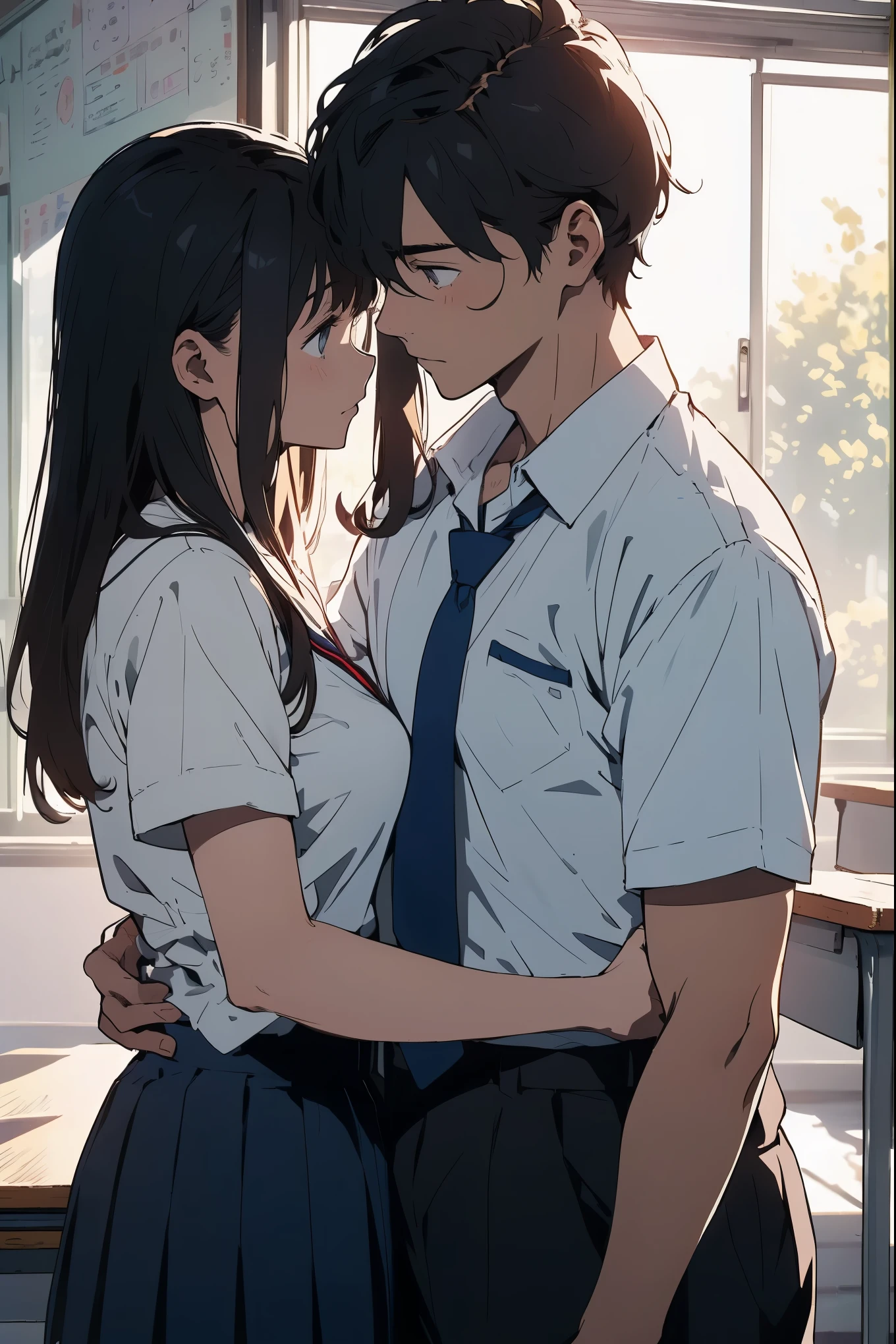 (masterpiece,Best Quality,Detailed beautiful face and eyes,Perfect Anatomy,beautiful illustrations),cowboy shot,((1man and 1woman,male and female couple)、the couple stands facing each other、The man is 25 years old and has short black hair.、Grasp a woman's breast with your left hand、The woman is a 20-year-old beautiful woman with long brown hair and bangs.、The woman has a perfect proportion and a medium chest.、The woman has teary eyes and a shy expression、School uniform、white collar shirt、blue tie、short sleeve、The man is wearing black slacks、The woman wears a navy blue pleated miniskirt.、daytime、sunlight、classroom、school building、Schools in Japan、